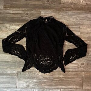 T's Pink Black Lace Blouse Top Long Bell Sleeve Mock Neck Goth Whimsical Small